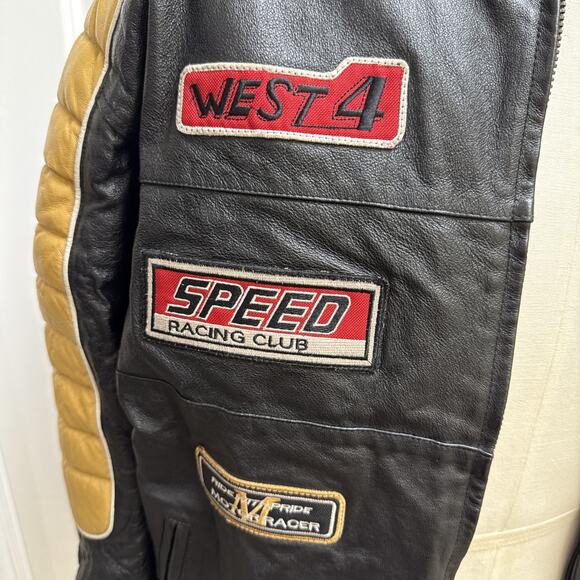 Men’s Leather MotoCross Racing Jacket Size L Black/Gold Patches Zip Front - Picture 7 of 14